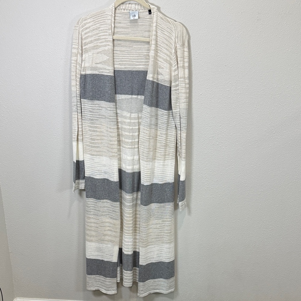 CAbi 5018 vineyard duster‎ Cream and Gray Striped Cardigan